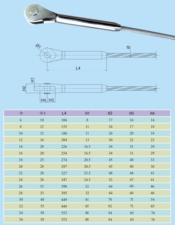 不锈钢拉索固定端多种型号相关尺寸参数表