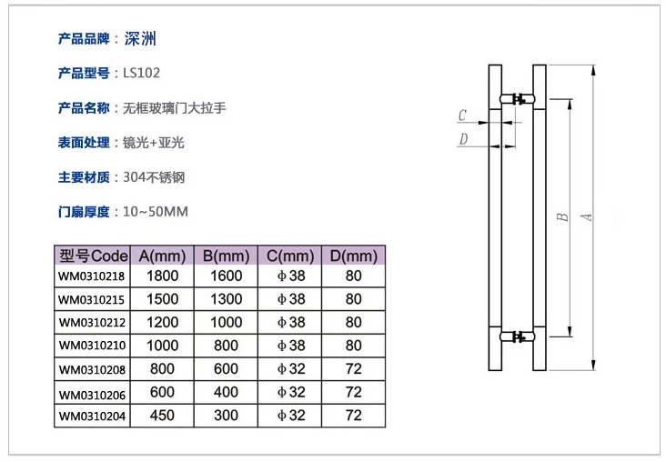 玻璃门拉手尺寸规格列表