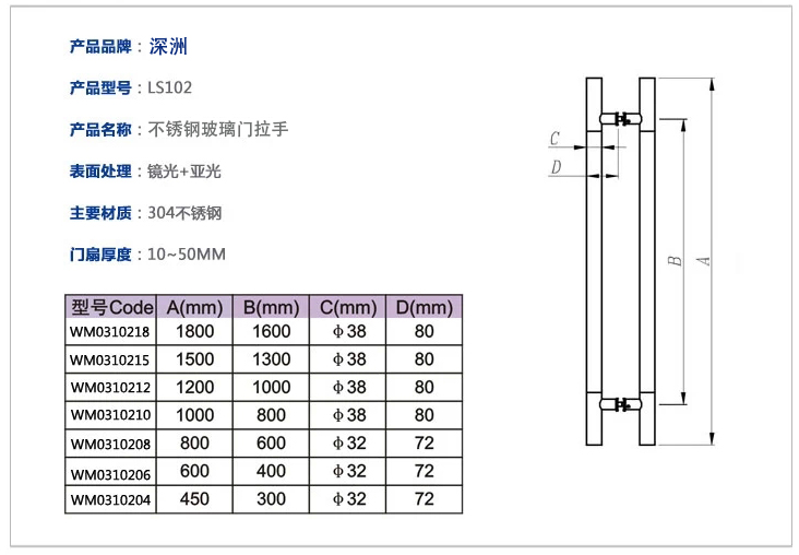 玻璃门拉手尺寸规格列表